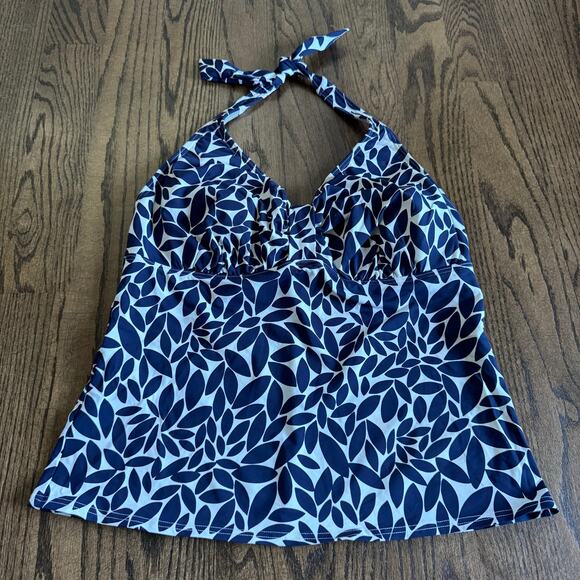 Lands End Women Black White Leaf Floral Halter Tankini Swim Suit Top Size 14 DDD - Picture 1 of 7
